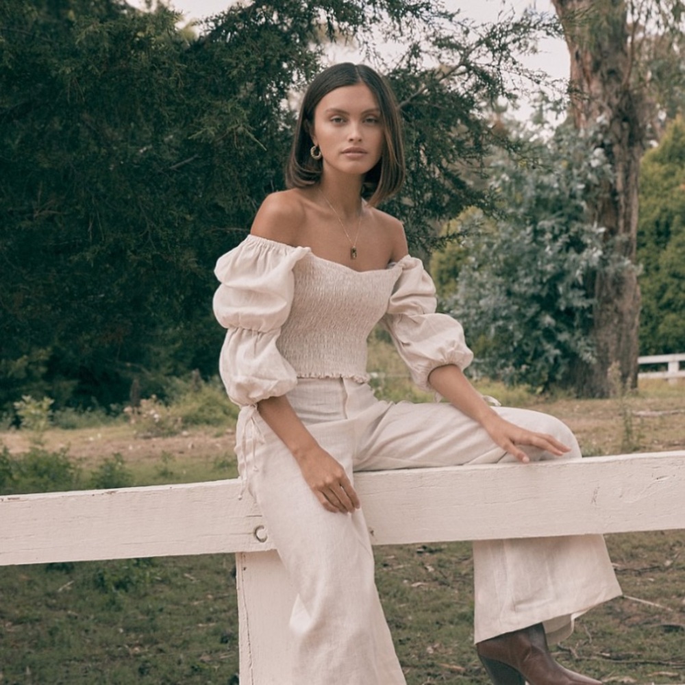 Faithfull the Brand Harlyn Smocked Linen Crop Top